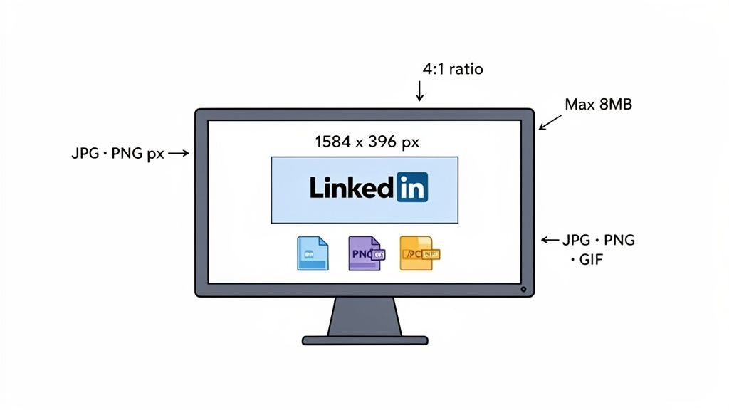 A monitor displaying LinkedIn banner size requirements: 1584x396px, 4:1 ratio, max 8MB, JPG, PNG, GIF.