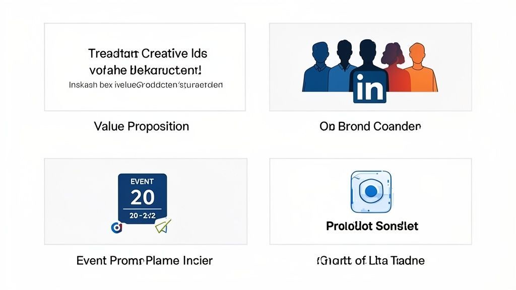 Four panels showcasing business concepts: LinkedIn community, event details, value proposition, and a social media app icon.