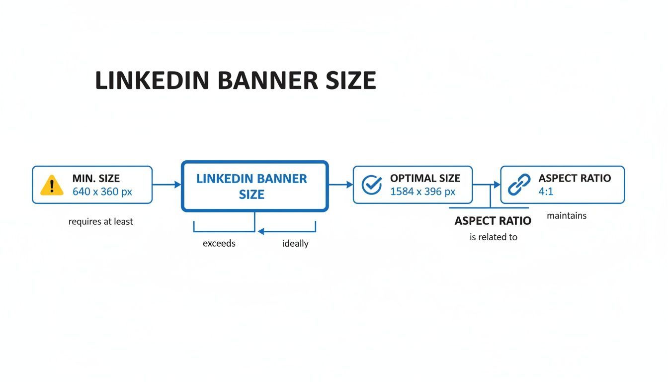Flowchart detailing LinkedIn banner size requirements, including minimum, optimal dimensions, and 4:1 aspect ratio.