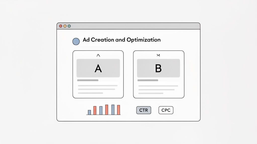 A browser window showing 'Ad Creation and Optimization' with A/B testing of two ad creatives and performance metrics.