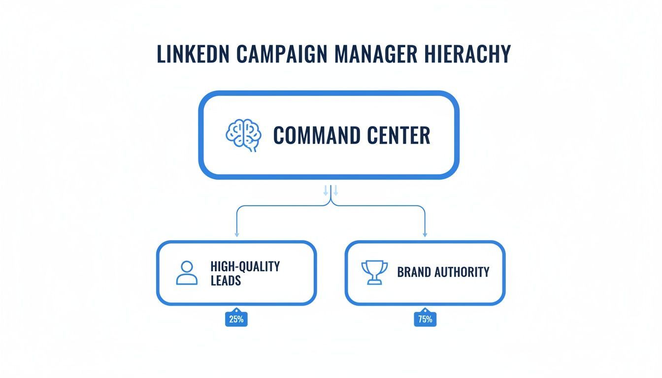 Hierarchy diagram showing LinkedIn Campaign Manager with Command Center leading to High-Quality Leads (25%) and Brand Authority (75%).