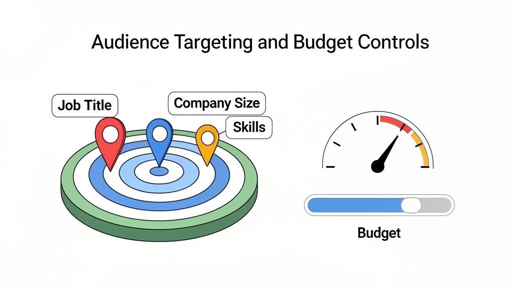Illustration of audience targeting using job title, company size, and skills, with budget controls.