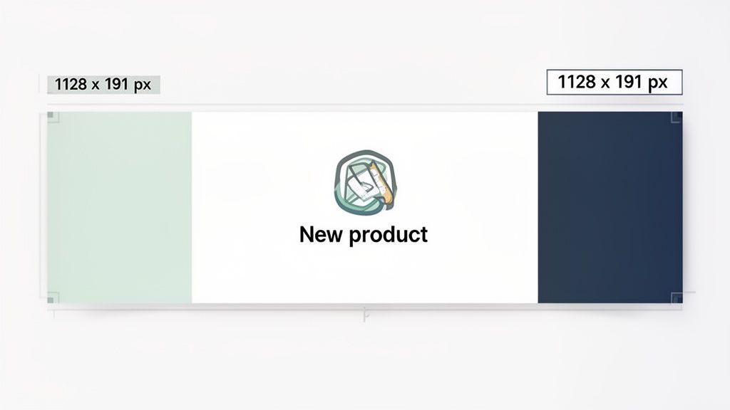 A graphic displays a LinkedIn cover banner template with three color-coded sections and dimensions.