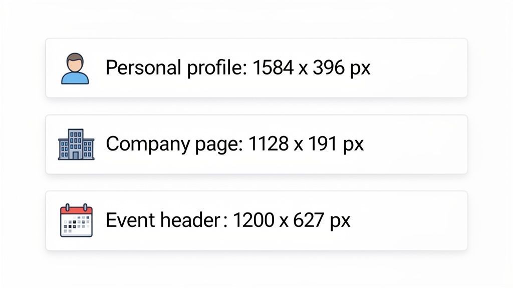 Image displaying recommended LinkedIn cover photo dimensions for personal profiles, company pages, and event headers.