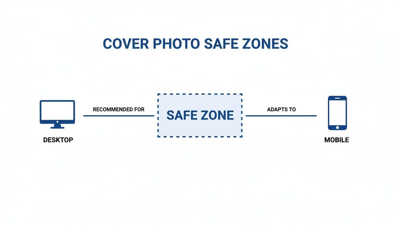 Diagram illustrating cover photo safe zones, recommended for desktop and adapting to mobile devices.