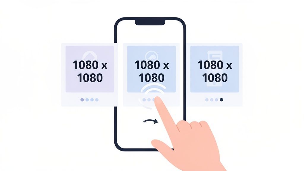 A hand swipes through a smartphone carousel displaying multiple 1080x1080 image post sizes.