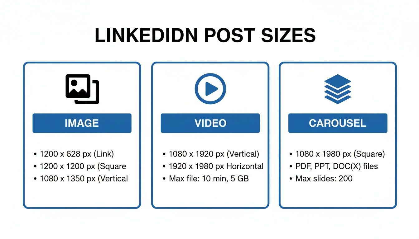 Infographic detailing recommended LinkedIn post sizes and specifications for image, video, and carousel content.