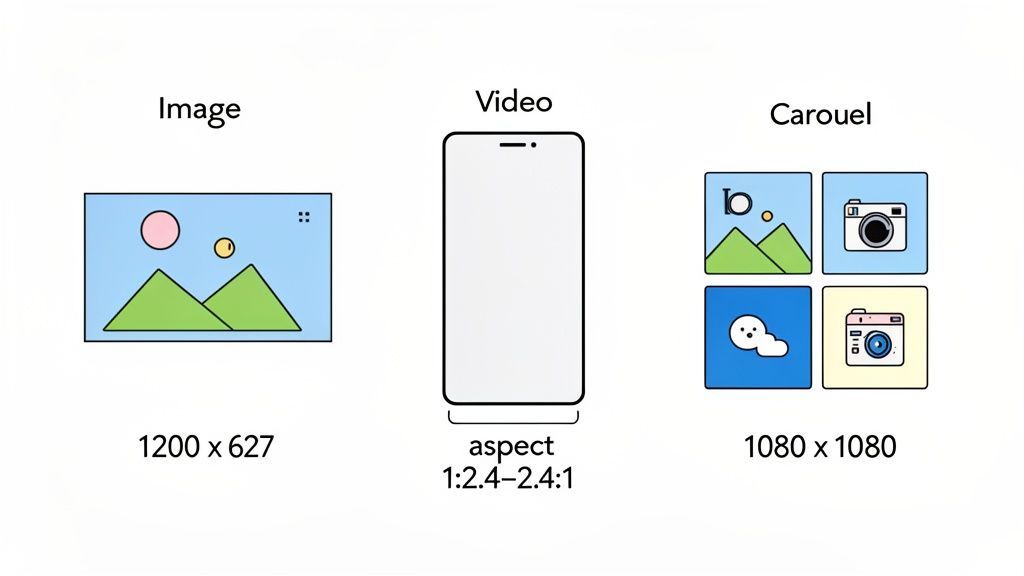 Visual guide showing specifications for LinkedIn image, video, and carousel posts with dimensions and aspect ratios.