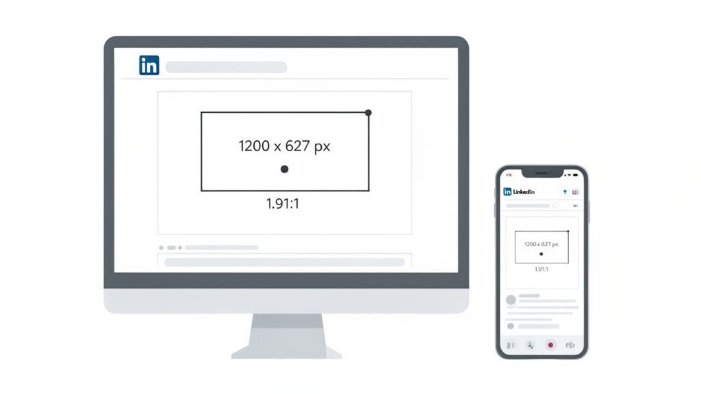 Desktop and mobile screens displaying recommended LinkedIn post image dimensions of 1200 x 627 pixels and 1.91:1 ratio.