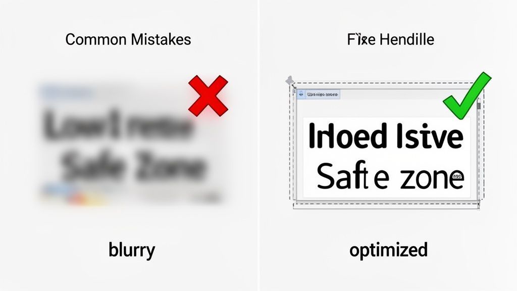 Comparison of blurry text (common mistake) versus clear, optimized text with a green checkmark.