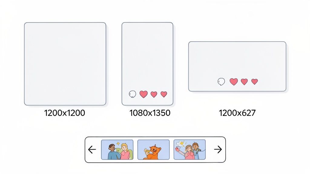 LinkedIn post size templates, including square, vertical, and horizontal options, with engagement icons, and a content carousel.
