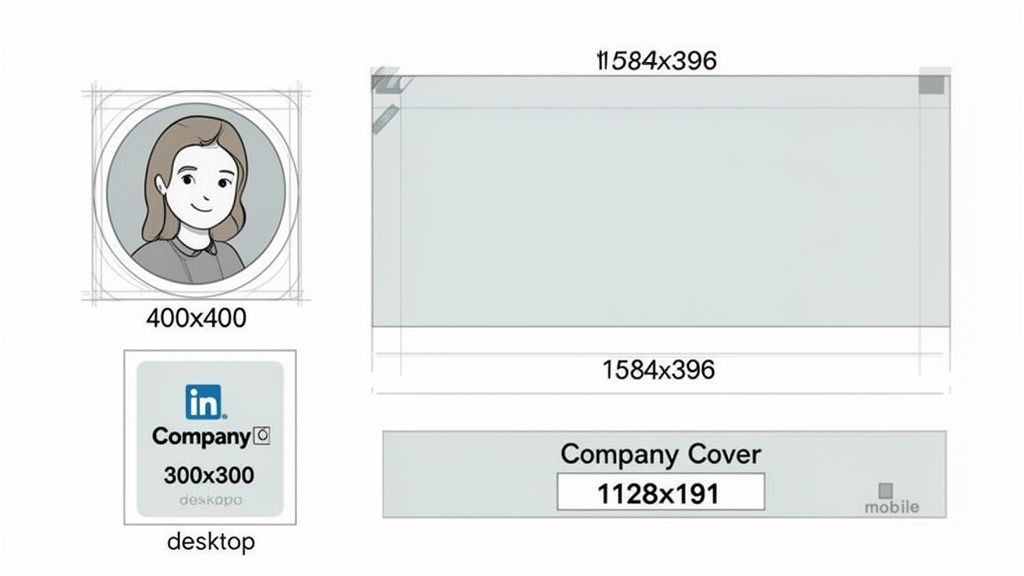 LinkedIn image size guide showing dimensions for personal profile picture and company cover photo for desktop and mobile.