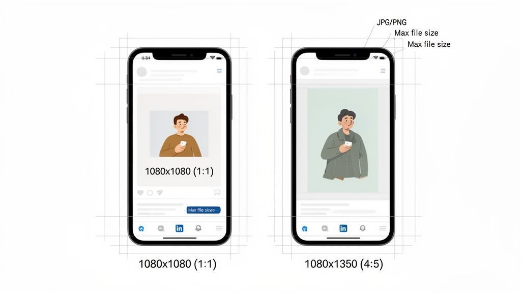 Illustration of optimal LinkedIn post image sizes on smartphones, featuring square and vertical formats.