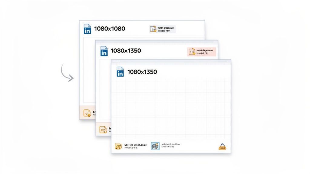 Stacked digital cards displaying various LinkedIn post size templates, including 1080x1080 and 1080x1350 dimensions.