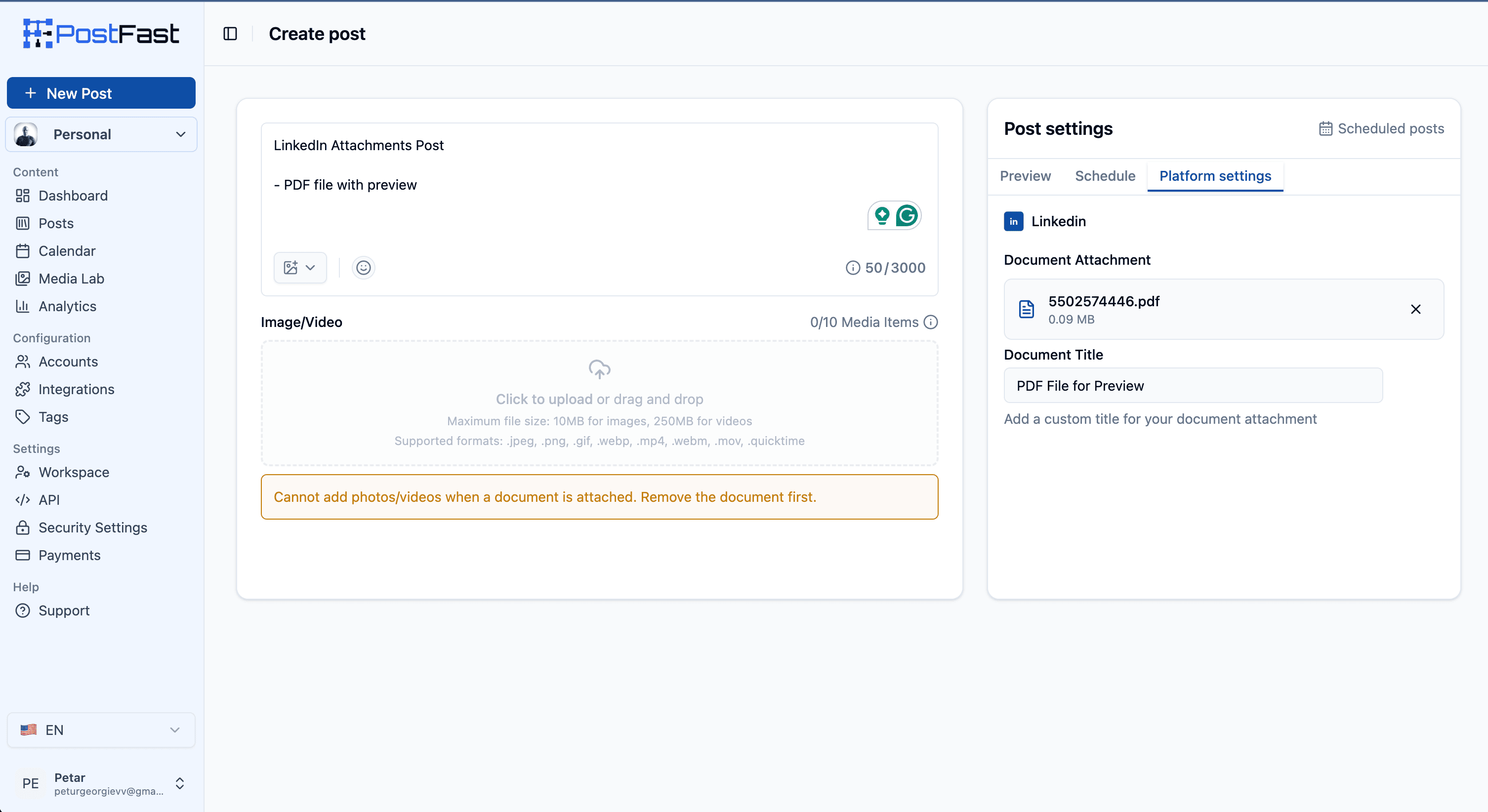 Scheduling a LinkedIn document post in PostFast