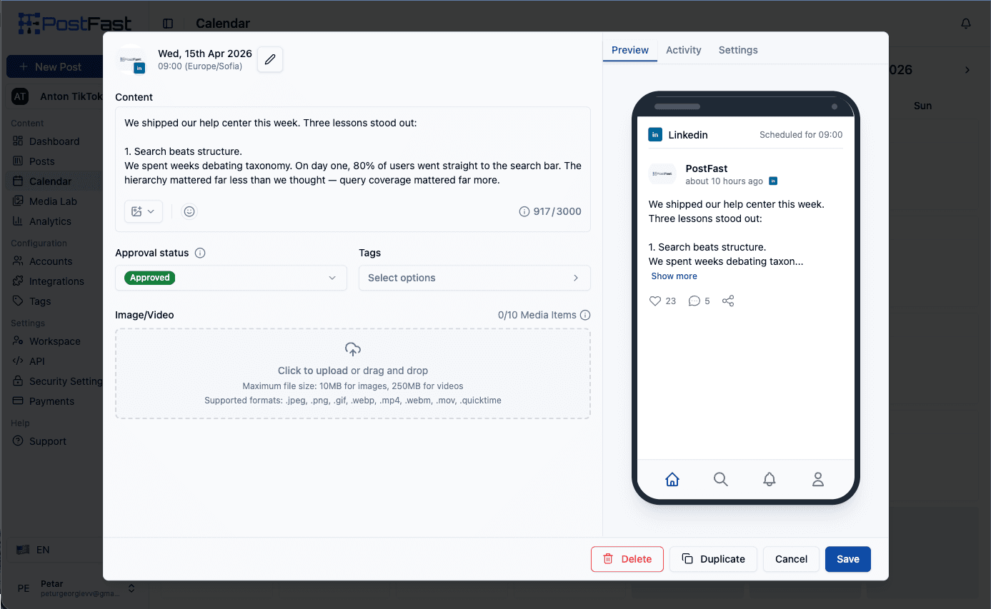 PostFast calendar view showing a LinkedIn post scheduled by Claude Code via MCP, with the LinkedIn preview visible
