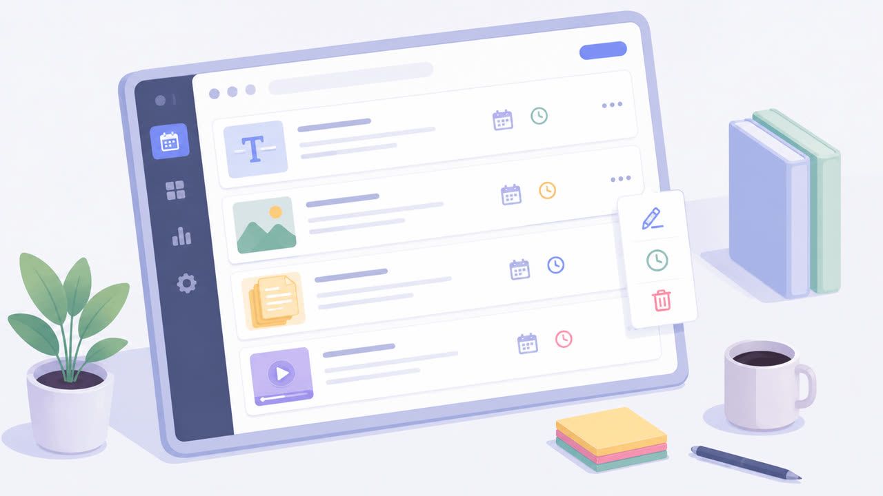 The scheduled posts list with edit, reschedule and delete options