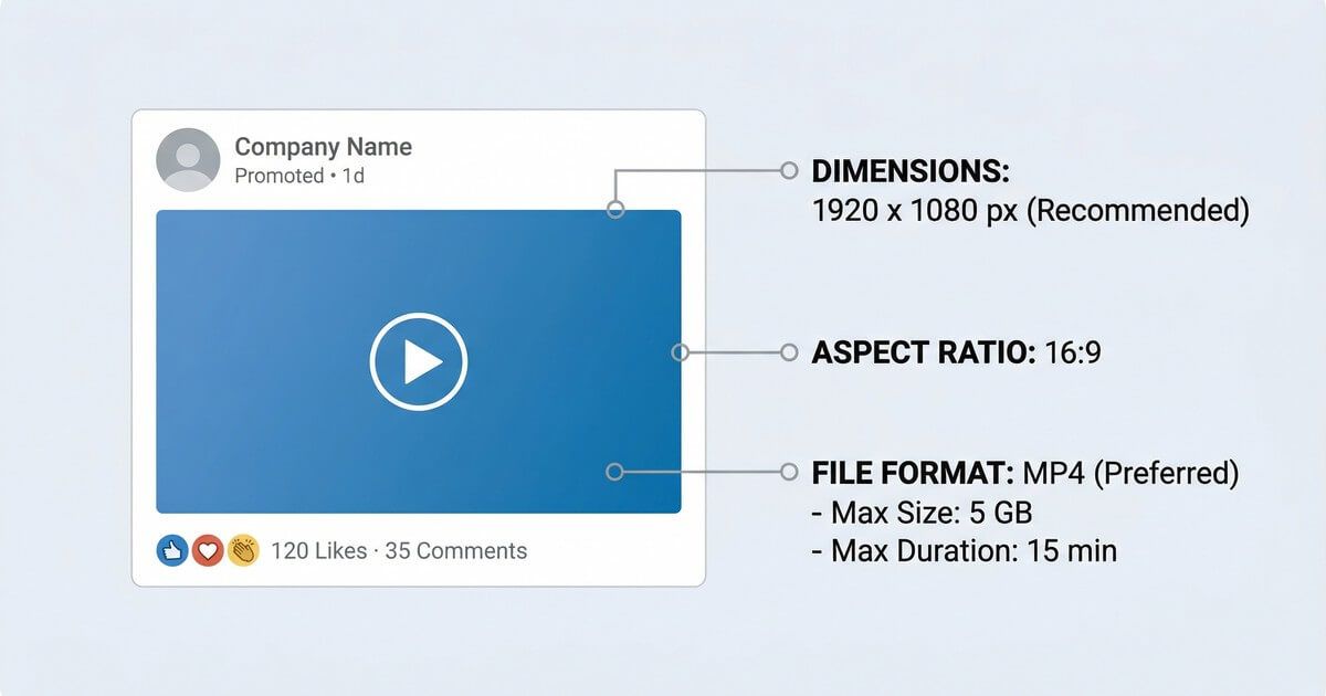 LinkedIn video size specifications showing 1920x1080 pixels in 16:9 aspect ratio with MP4 format up to 5GB and 15 minute duration