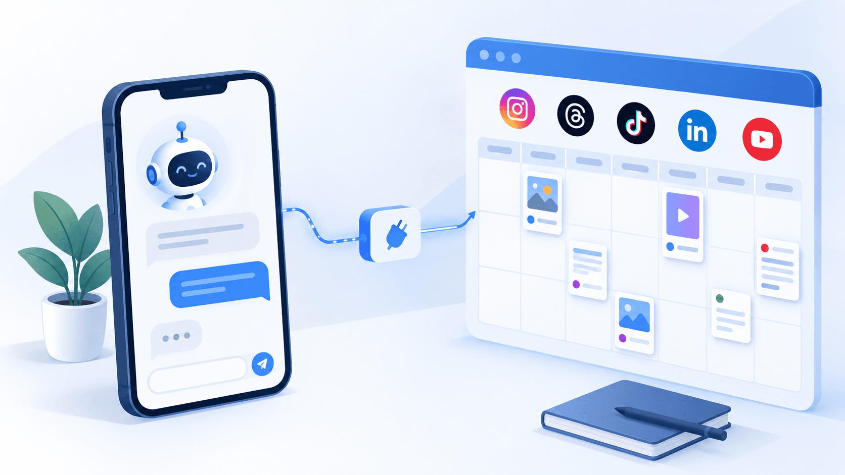 Meta Muse chat on a phone connected through a connector to a social media scheduling calendar