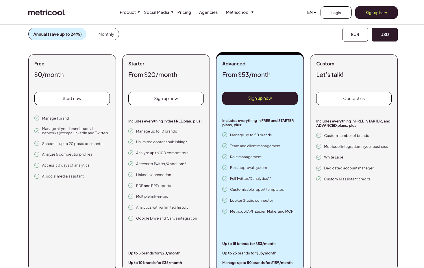 Metricool pricing page showing Free, Starter, Advanced, and Custom plans with brand-bracket pricing