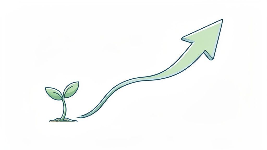 A green sprout growing from the ground, transitioning into a large upward arrow, symbolizing business growth.