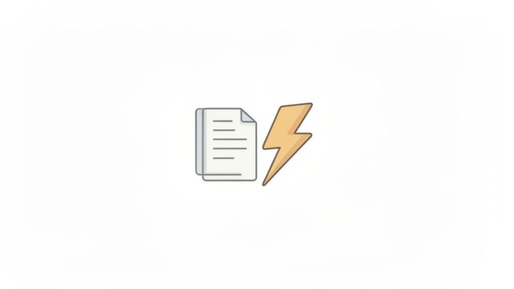 An icon depicting two paper documents with text lines next to a bright yellow lightning bolt.