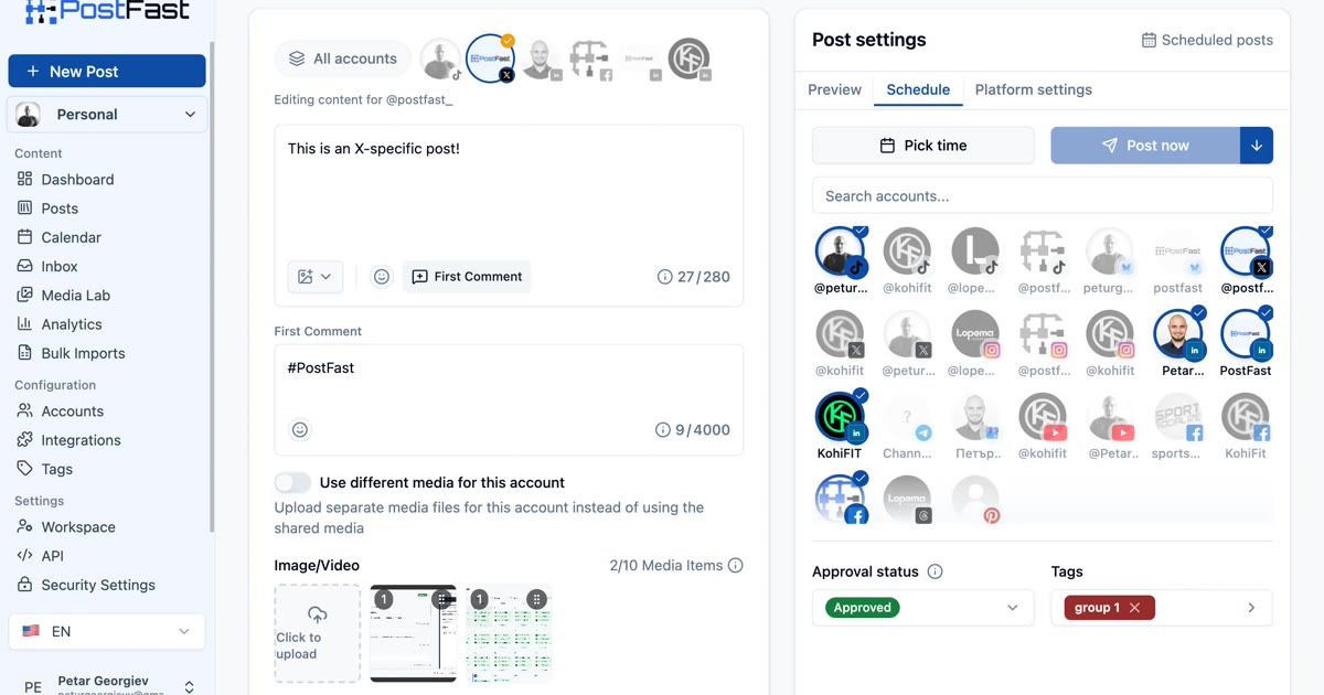 PostFast composer for scheduling and publishing posts across 11 social platforms