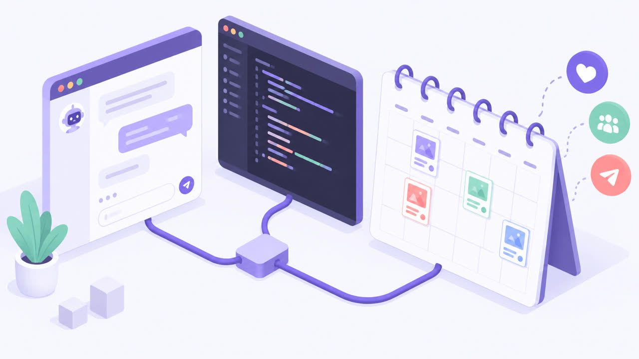 A chat window and a code editor both connected to one social media content calendar