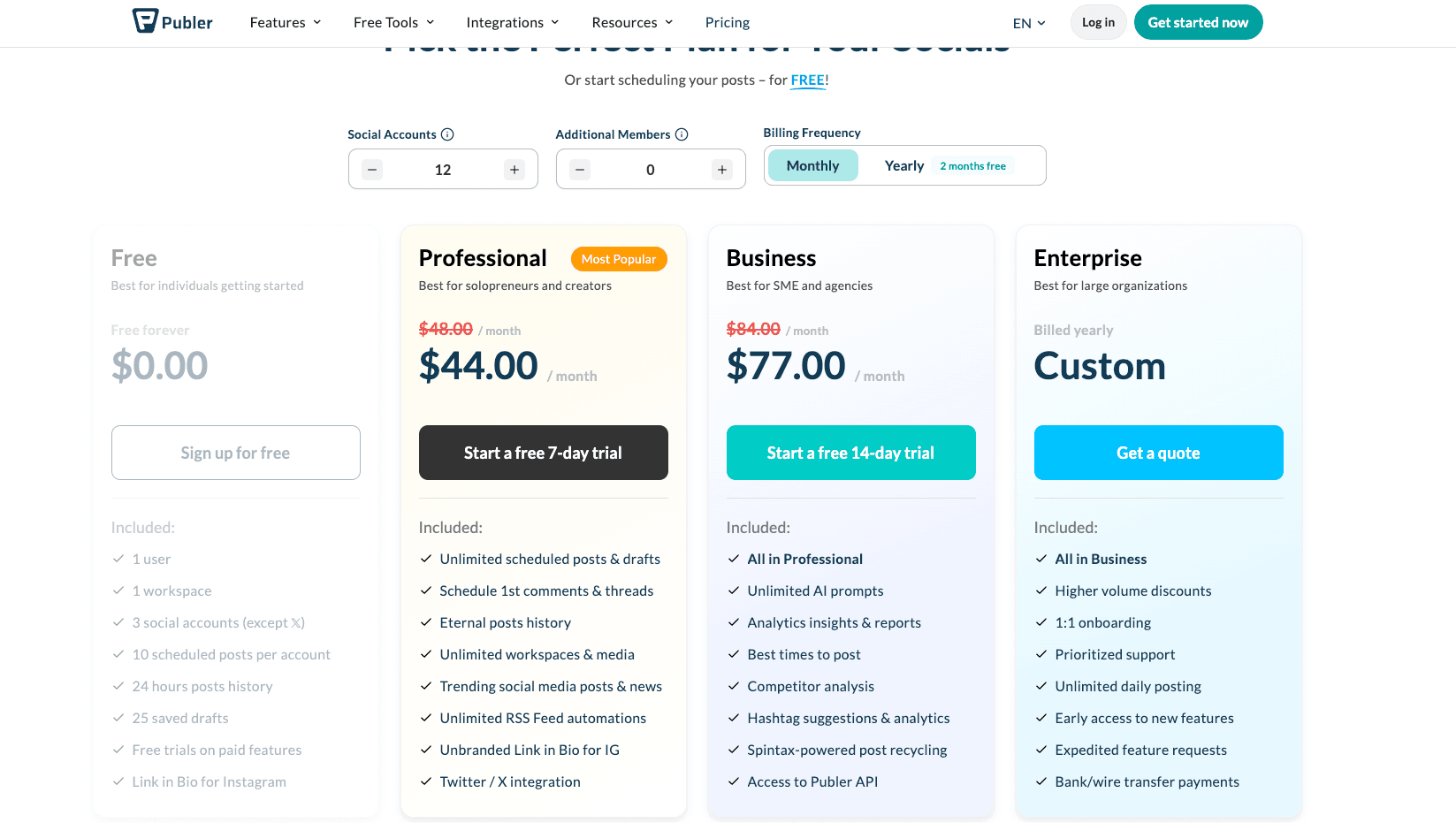 Publer pricing page showing per-account pricing: Professional at $5/account/mo and Business at $10/account/mo