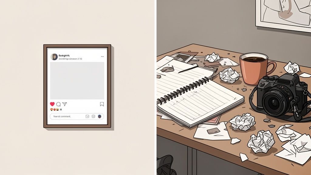 A split image: left shows an Instagram post template, right shows a messy desk with a camera, coffee, and crumpled papers.