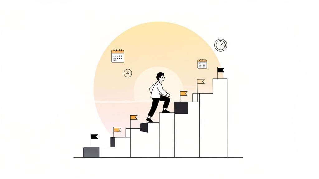 A person climbs a white staircase with colorful flags, symbolizing progress and goal achievement over time.