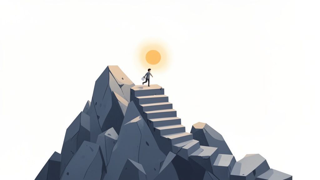 A person ascends stone steps on a rugged mountain peak, heading towards a bright, glowing sun.