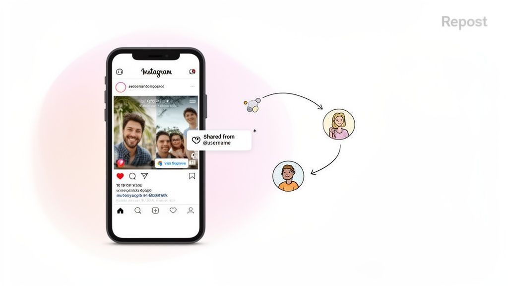 A smartphone displays an Instagram feed with a 'shared from' popup, illustrating the repost feature with user icons.