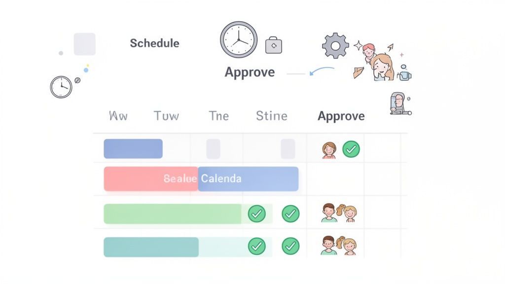 An animated user interface displaying a schedule, tasks, approval process, and collaborating team members.