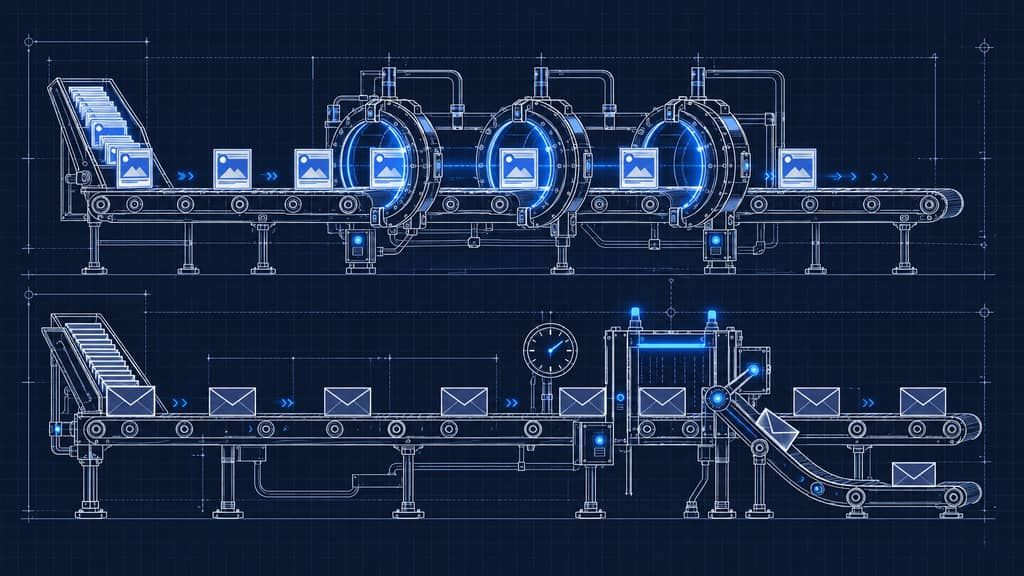 Blueprint of two automation lines: social posts passing through publishing portals, and emails stopping at a check before they send