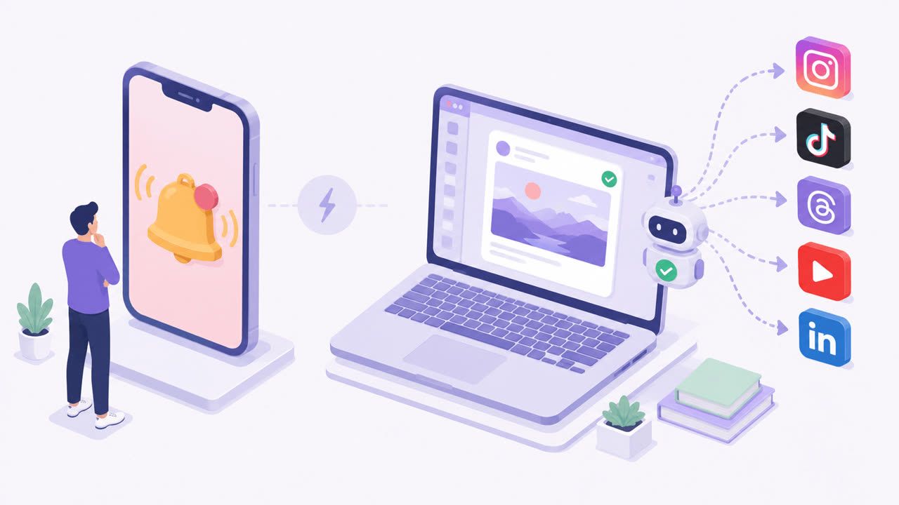 A phone reminder notification versus a laptop publishing a post automatically