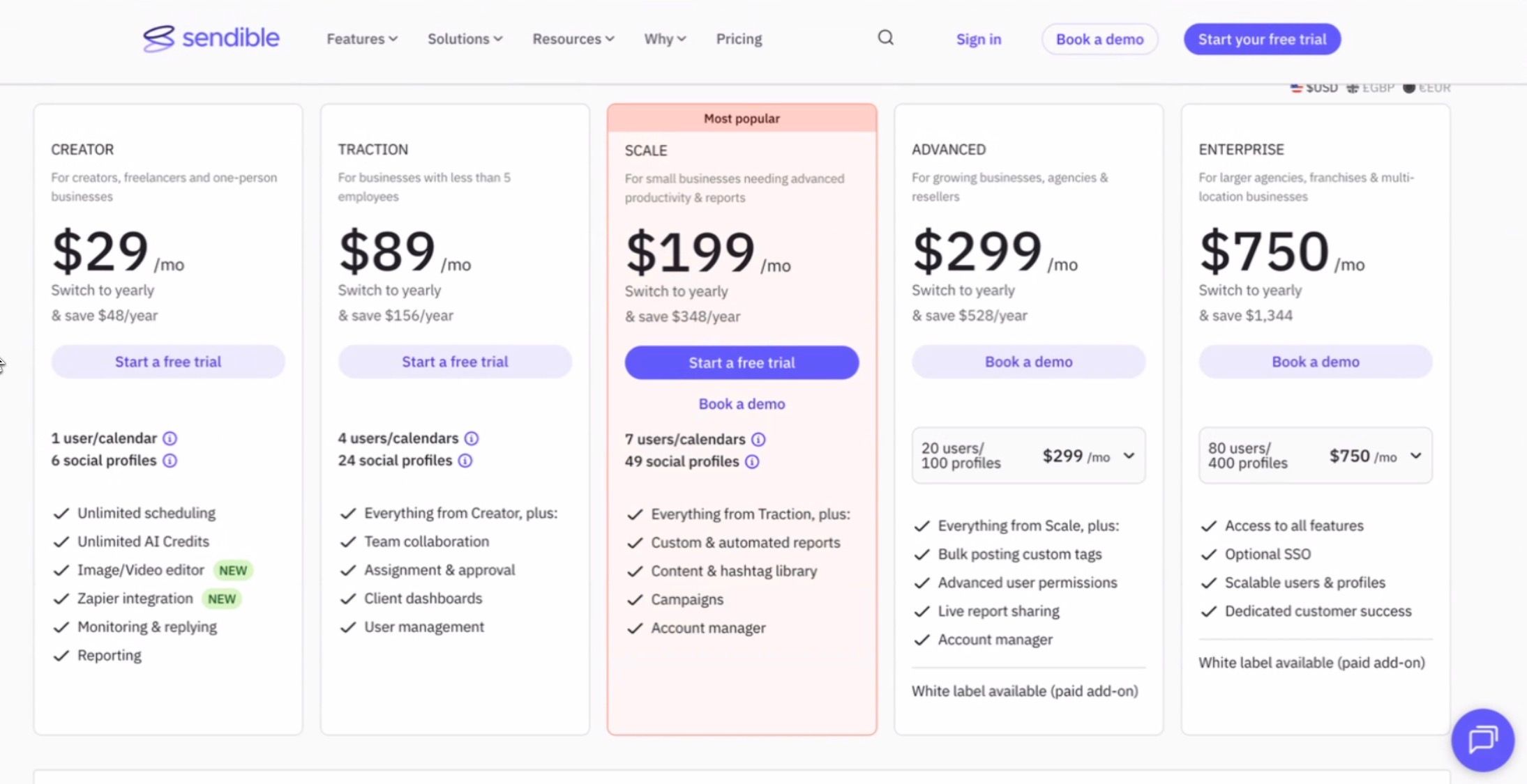 Sendible pricing showing Creator ($29/mo), Traction ($89/mo), Scale ($199/mo), Advanced ($299/mo), and Enterprise ($750/mo) plans