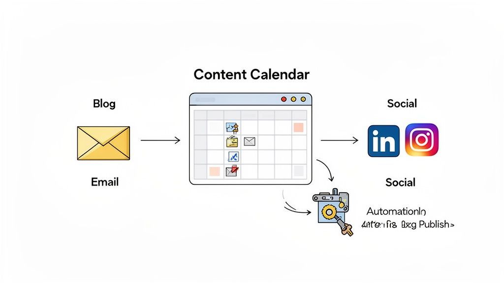 Diagram showing a content calendar managing blog and email content, then publishing to social media with automation.