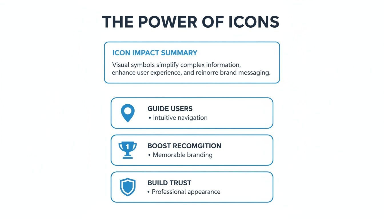 Infographic about the power of icons, summarizing how they guide users, boost recognition, and build trust.