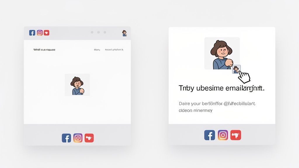 Two web layouts display profile images, text, and social media icons like Facebook and Instagram.