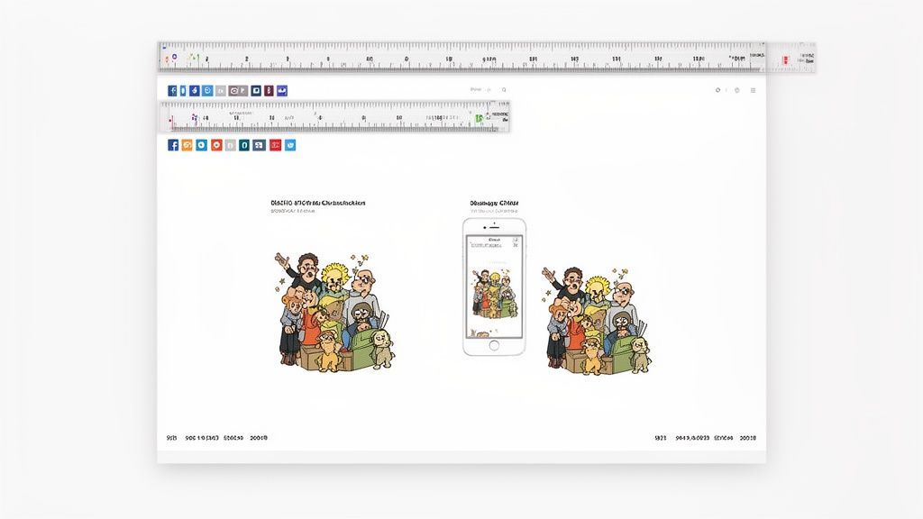 Web page screenshot showing social media icons, rulers, and cartoon illustrations of people and dogs.