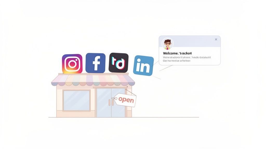 Cartoon storefront with Instagram, Facebook, TikTok, and LinkedIn icons, an 'open' sign, and a welcome notification.