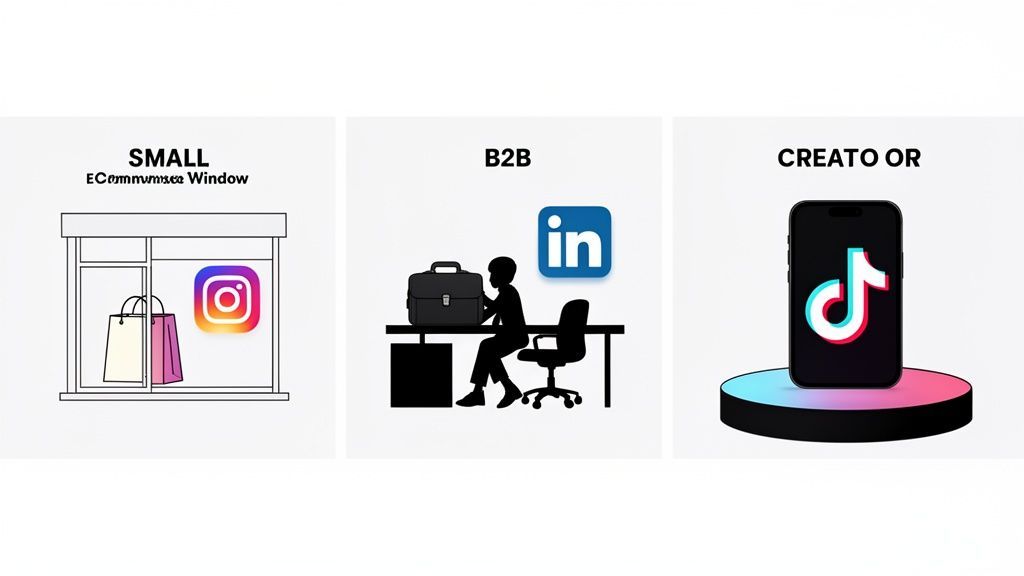 Illustrative image showing Instagram for e-commerce, LinkedIn for B2B, and TikTok for creators' marketing.