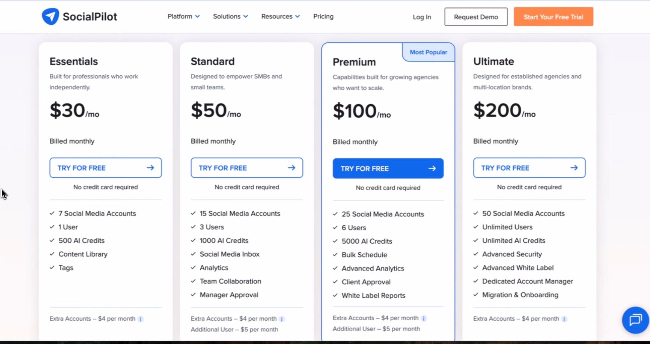 SocialPilot pricing showing Essentials ($30/mo), Standard ($50/mo), Premium ($100/mo), and Ultimate ($200/mo) plans with monthly billing