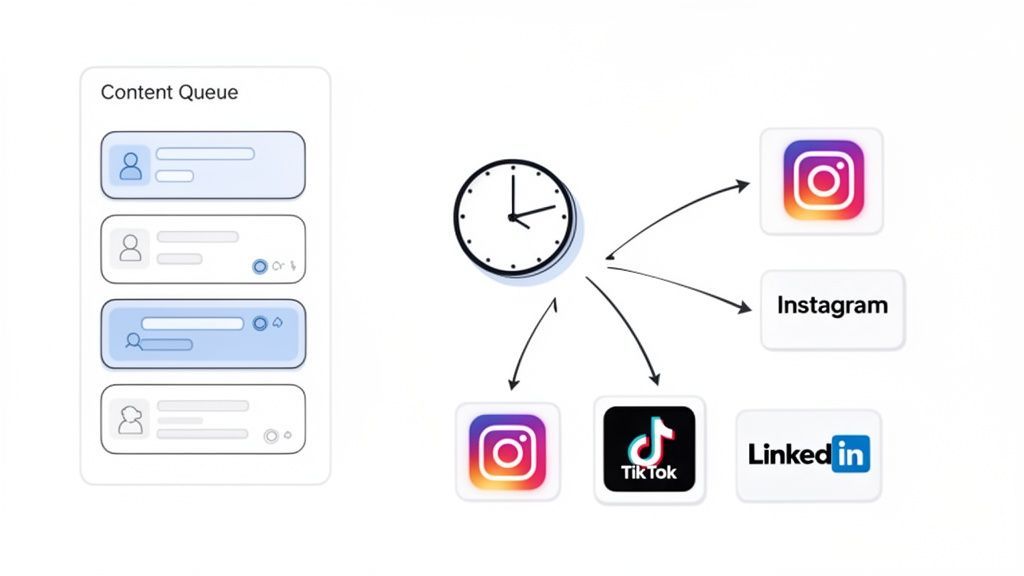 A content queue with a clock scheduling posts to Instagram, TikTok, and LinkedIn social media platforms.