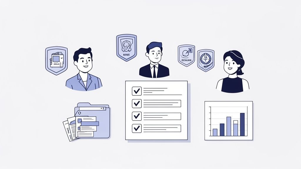 Three individuals with security shields, a checklist, documents, and a bar chart for data processing.