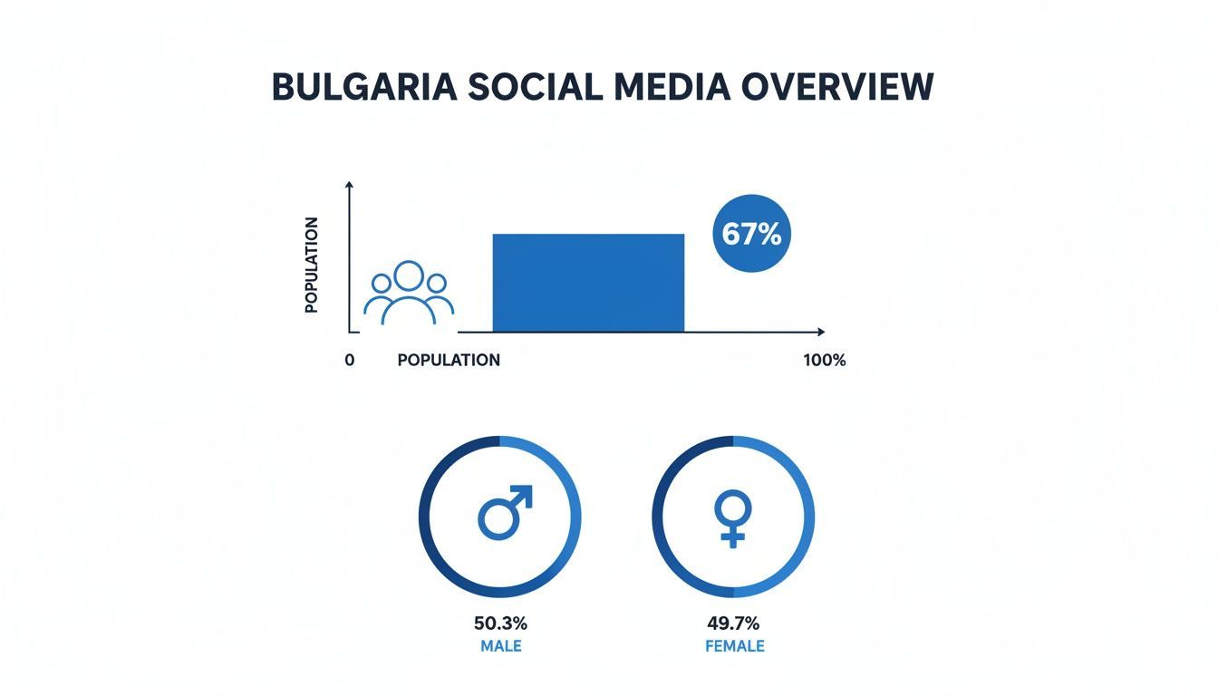 Bulgaria social media overview showing 67% population usage, with 50.3% male and 49.7% female distribution.