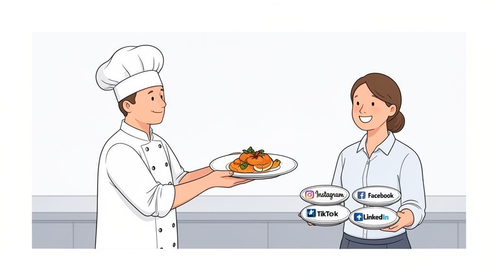 A cartoon chef offers a dish to a woman holding plates with Instagram, Facebook, TikTok, and LinkedIn logos.
