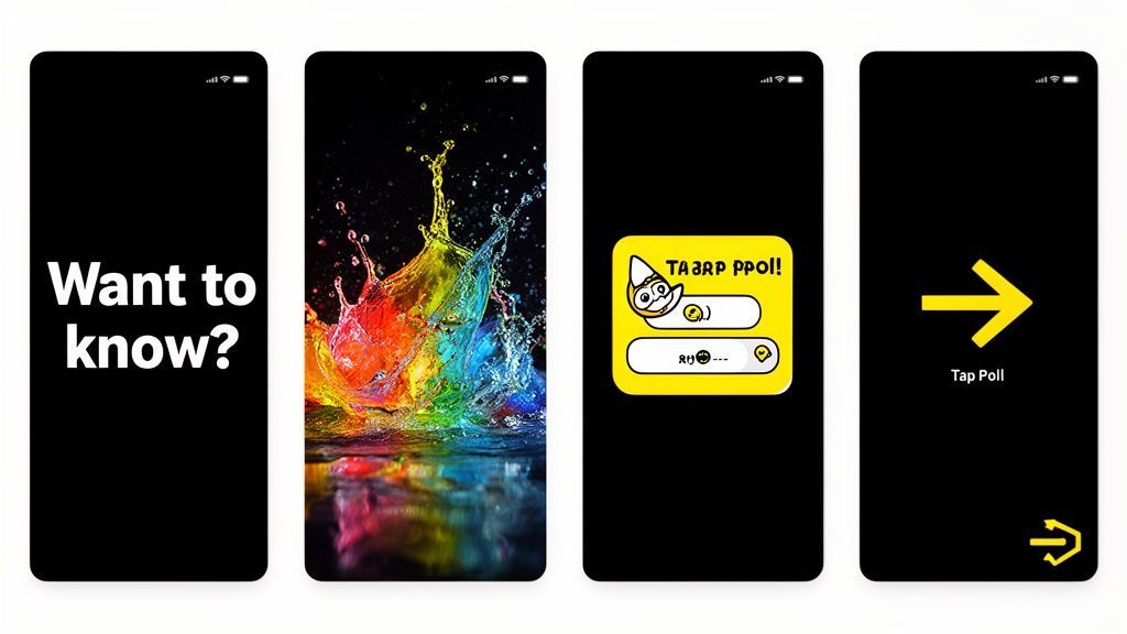 Four smartphone screens displaying an app's user interface, including text, abstract art, a poll, and navigation.