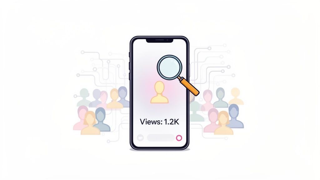 A smartphone screen shows a user profile with 1.2K views, magnified, surrounded by a network of diverse audience figures.